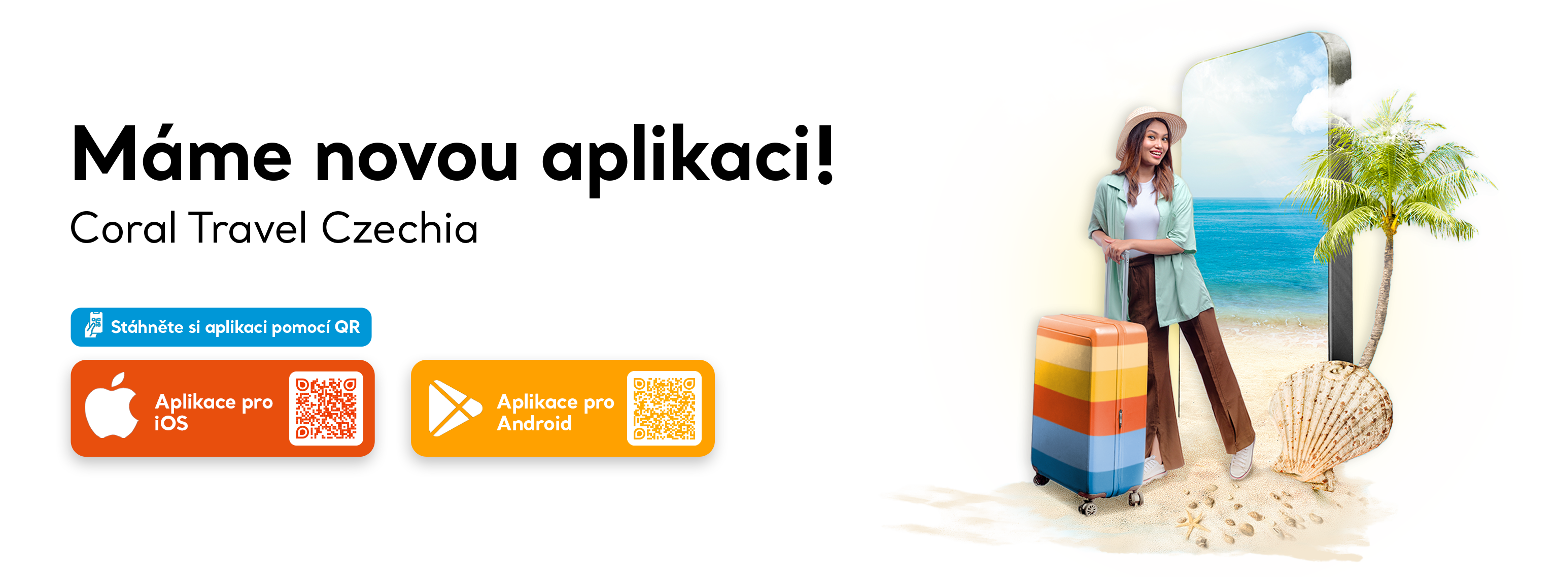 Banner s QR kódy pro stažení mobilní aplikace Coral Travel